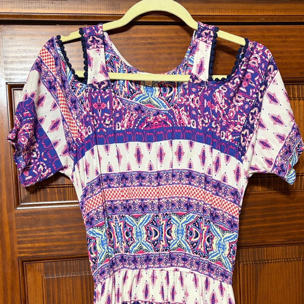 Skies Are Blue Purple and Cream Boho Cold-Shoulder Midi Dress